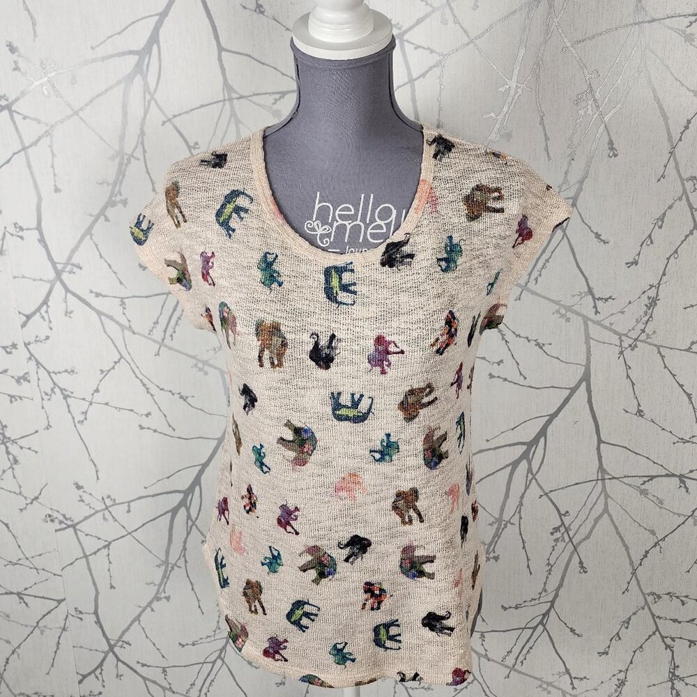 Ginger G Ivory Knit Colorful Elephants Printed Round Neck Top